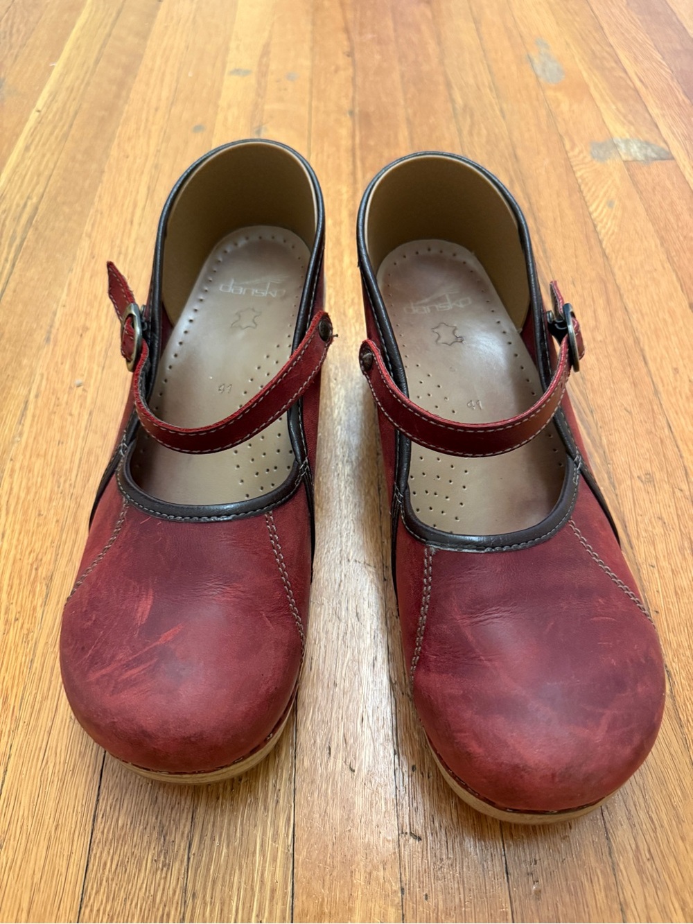 Dansko Marcelle Red Leather Mary Jane Clogs with Buckle Strap